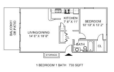 Floor plan for 1 bed, 1 bath, 730 sqft